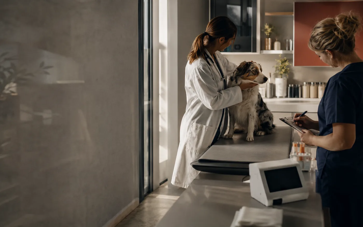 Veterinary team examining a dog in a clinical setting.