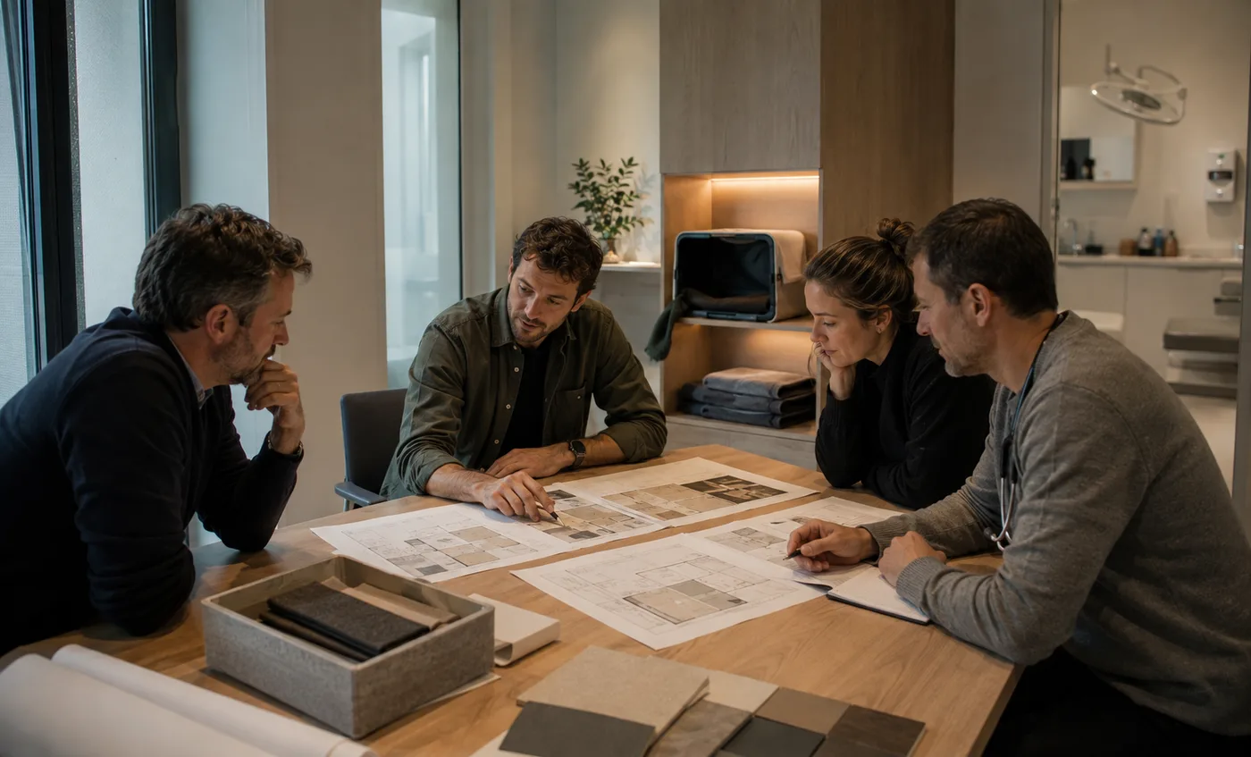 Team reviewing plans together in a veterinary clinic.