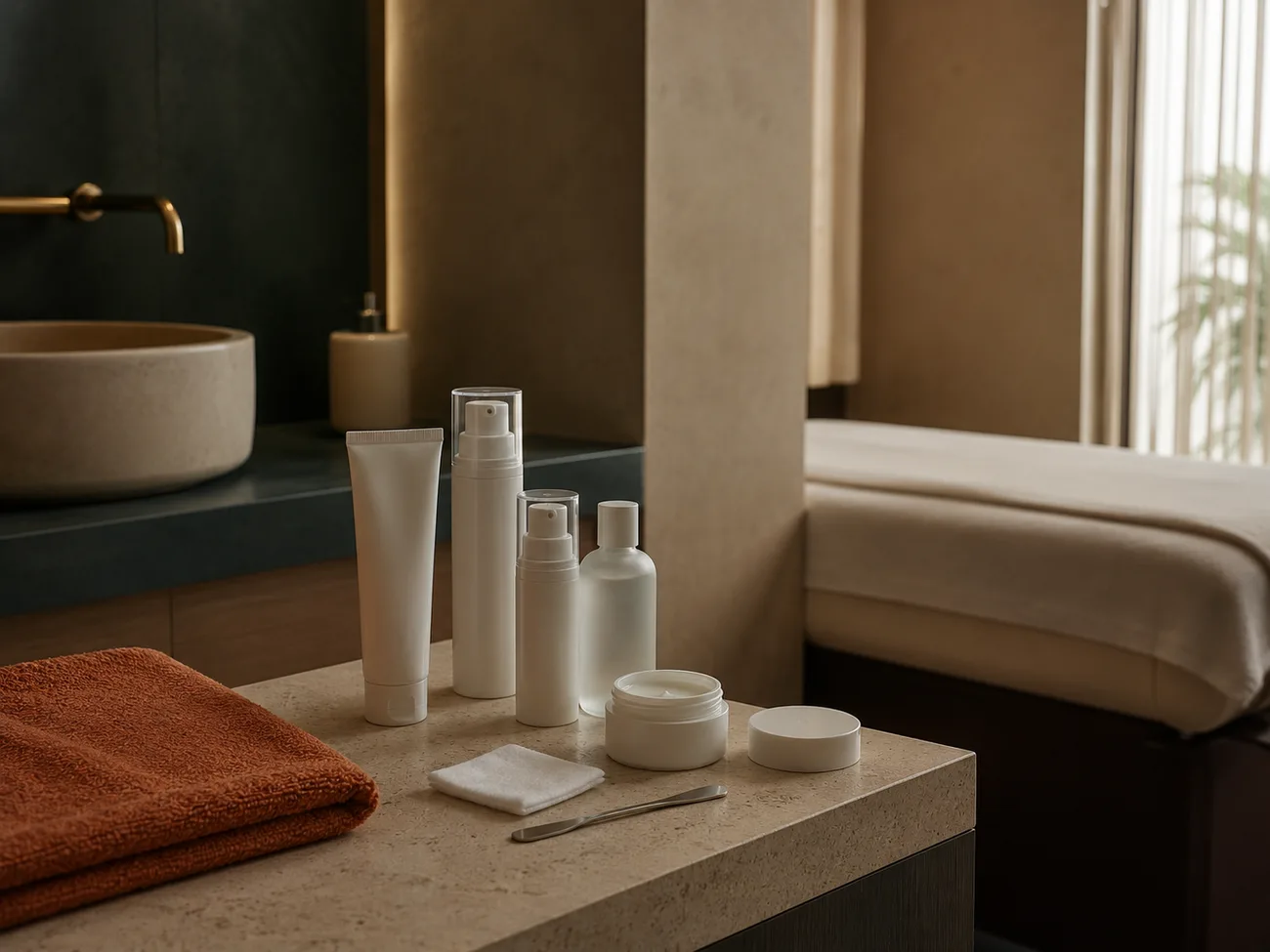 Unbranded skincare products on a counter in a treatment room.